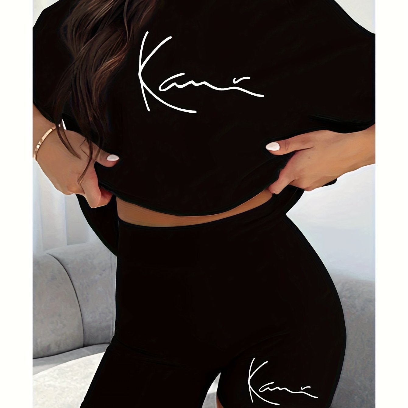 New fashionable casual creative pattern printed Women's fashion set, spring and summer new fashionable casual round neck T-shirt&sports shorts two-piece set