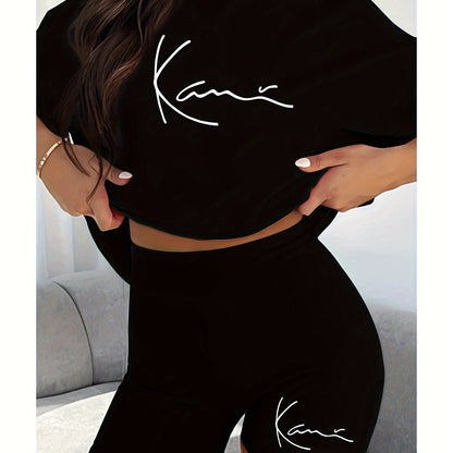 New fashionable casual creative pattern printed Women's fashion set, spring and summer new fashionable casual round neck T-shirt&sports shorts two-piece set