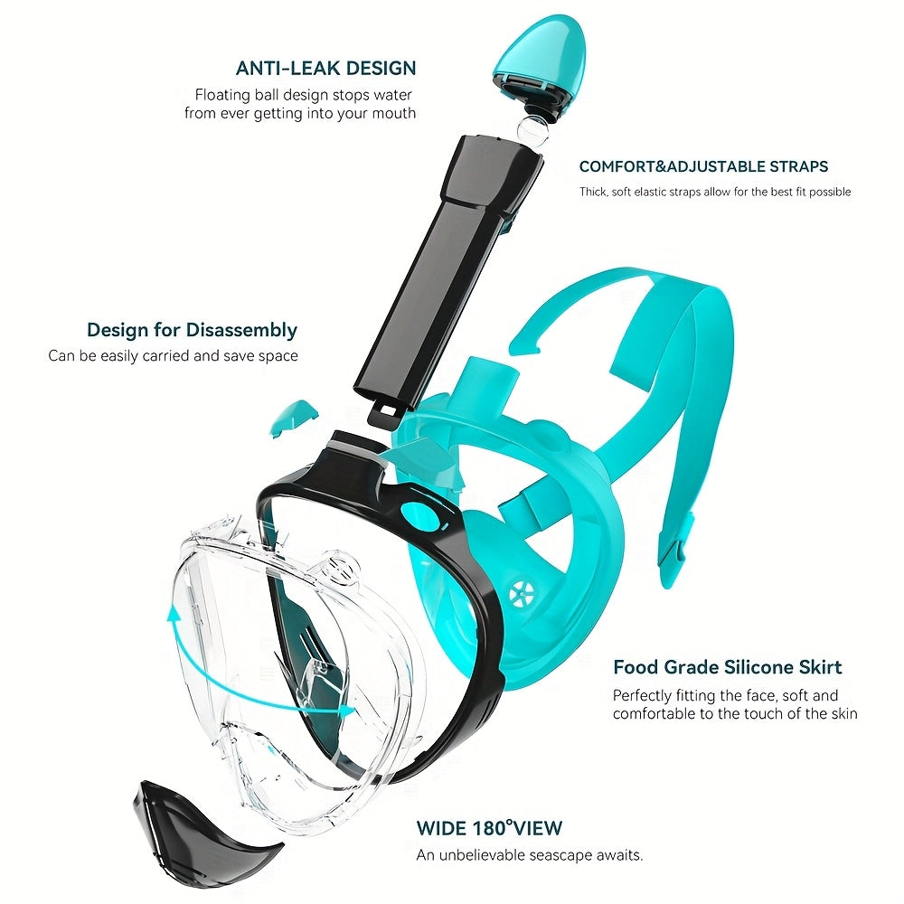 Full Face Silicone Snorkeling Mask, Large Frame Full Dry Panoramic Snorkel Mask with Camera Holder, Anti-Fog Swimming Goggles Swim Glasses Set for Adults