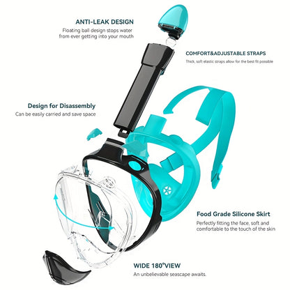 Full Face Silicone Snorkeling Mask, Large Frame Full Dry Panoramic Snorkel Mask with Camera Holder, Anti-Fog Swimming Goggles Swim Glasses Set for Adults