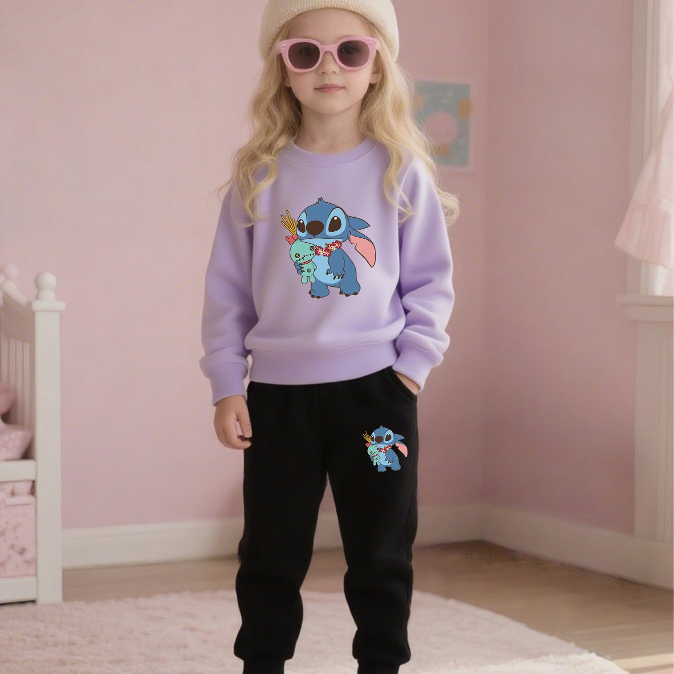 2pcs Disney Kids Casual Sweatshirt & Pants Set Stitch's Adorable Floral Adventure: A Heartwarming Cartoon Tale Long-Sleeve Crewneck, Children's clothing suitable for autumn and winter seasons, featuring cute cartoon patterns.