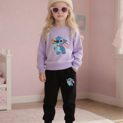 2pcs Disney Kids Casual Sweatshirt & Pants Set Stitch's Adorable Floral Adventure: A Heartwarming Cartoon Tale Long-Sleeve Crewneck, Children's clothing suitable for autumn and winter seasons, featuring cute cartoon patterns.