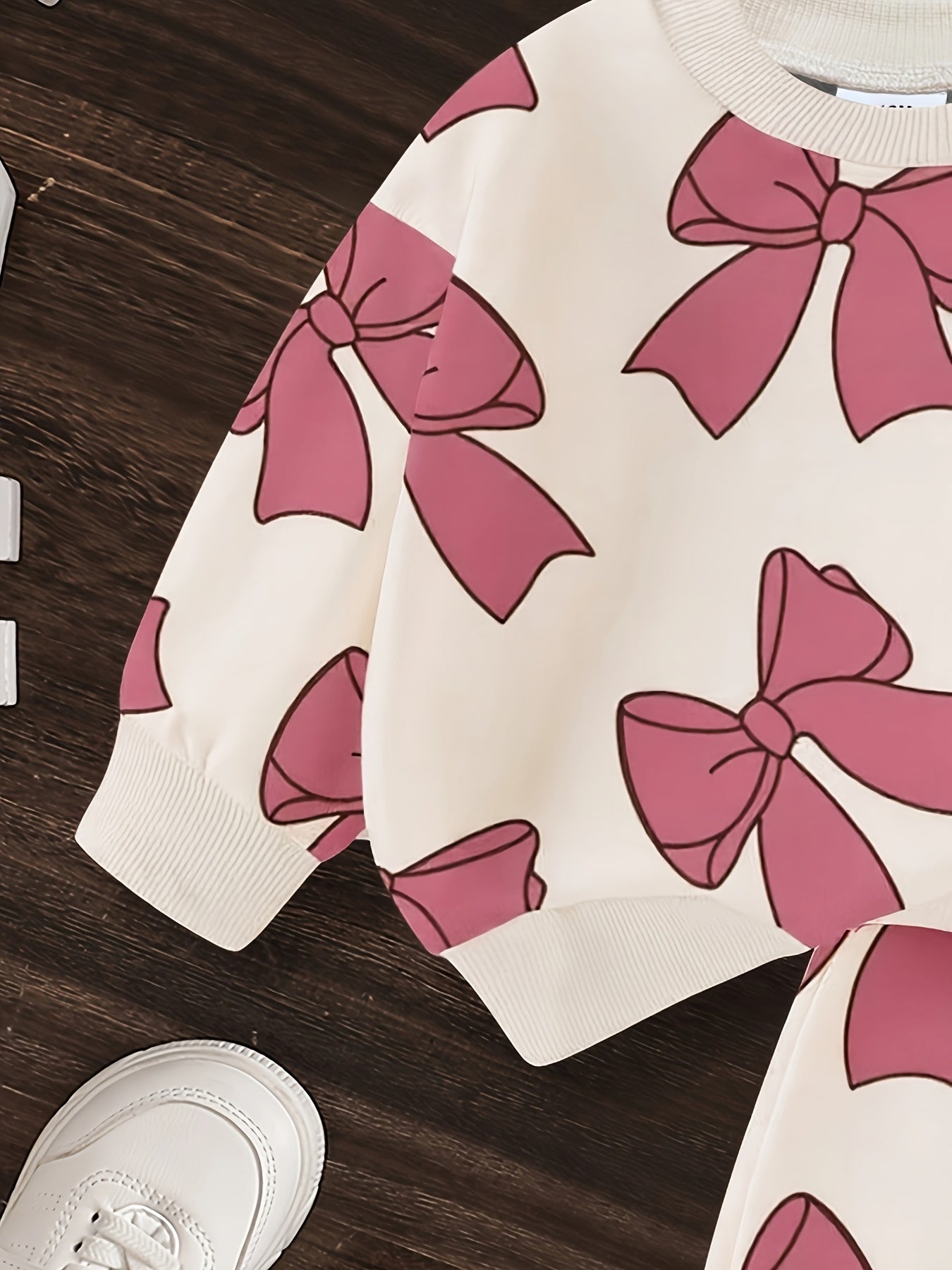 Suitable for Autumn - Girls' 0-3 Years Old - Round Neck Long Sleeve Bow Print Sweatshirt and Pants, Light Beige-Friendly Comfortable Warm Fashion Baby Outfit 2pcs Set Perfect for Parties and Outdoor Occasions, for Outdoor