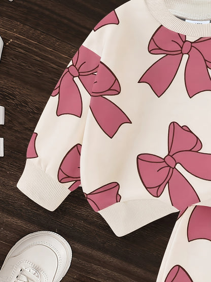 Suitable for Autumn - Girls' 0-3 Years Old - Round Neck Long Sleeve Bow Print Sweatshirt and Pants, Light Beige-Friendly Comfortable Warm Fashion Baby Outfit 2pcs Set Perfect for Parties and Outdoor Occasions, for Outdoor