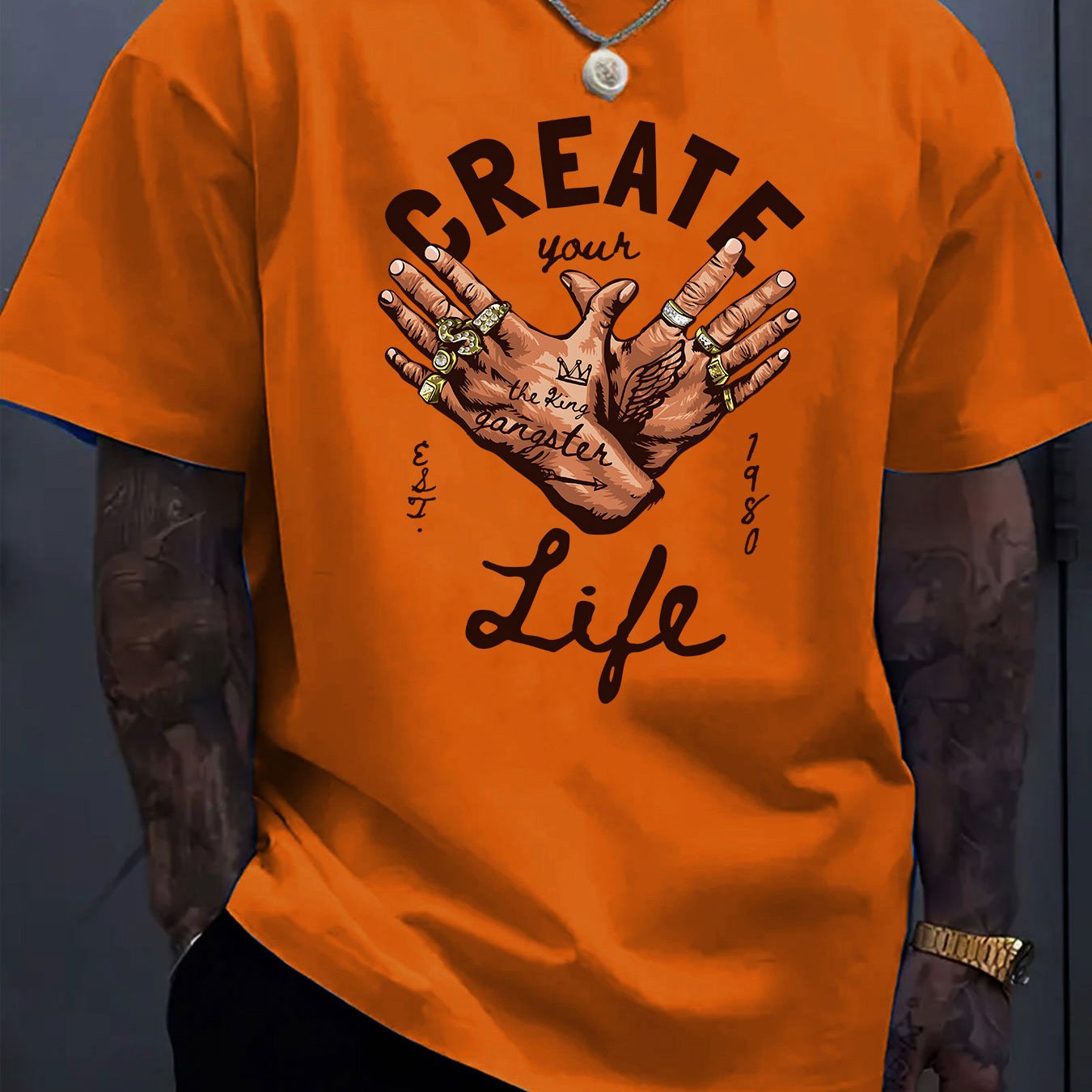 Men's Short-Sleeve T-Shirt with Inspirational "CREATE Your Own Life" Print & Prayer Hands Design - Elastic Round Neck, Breathable Fabric for Summer Outdoor Activities, Casual Comfort Fit, Machine Washable, Artistic Lifestyle