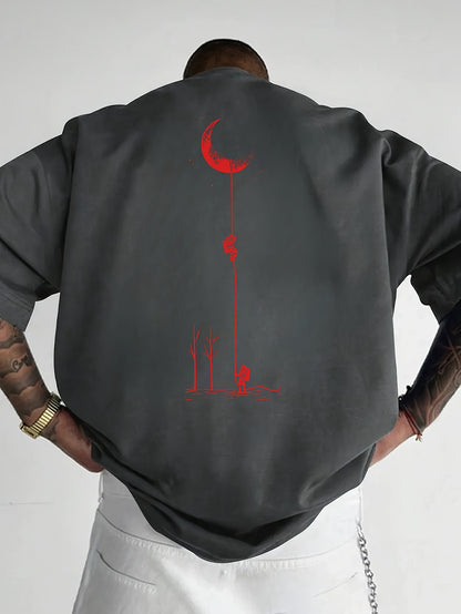 Men's Graphic Print Short Sleeve T-Shirt - Black Relaxed Fit Casual Round Neck, Durable Polyester Fabric, Machine Washable Summer Outdoor Top, Moon And Trees Design | Lightweight Clothing
