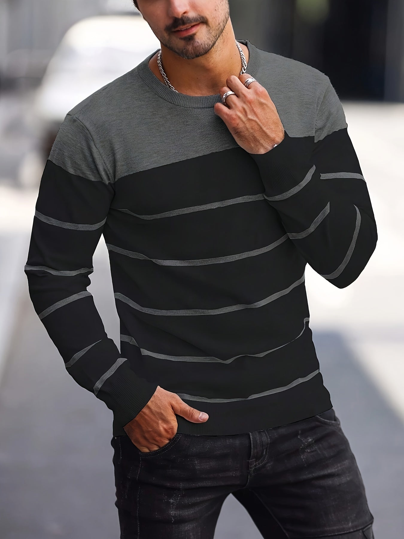 Men's Casual Striped Knit Pullover Sweater - Navy & White Contrast, Regular Fit H-Silhouette, Long Sleeve Crew Neck, Medium Stretch, Machine Washable for Spring & Fall, Mediumstretch Fabric