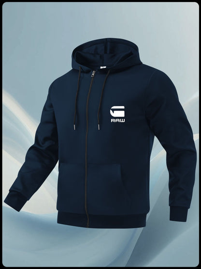 Men'S Casual Hooded Jacket with "RAW" Graphic Print - Light Gray Zip-Up Coat, Polyester Lining, Regular Fit, Front Pockets, Casual Outerwear | Trendy Casual Jacket | Polyester Lined Interior