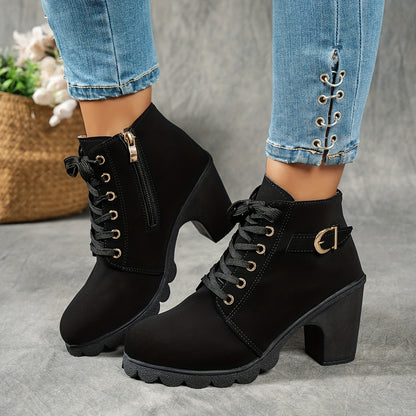 MagiMoBo Women'S Mid-Heel Ankle Boots with Side Zipper - Comfortable Faux Cover, Decorative Buckle Design, All-Season Versatile Casual Shoes for Casual Attire, Chunky Heel, Versatile Ankle Boots | Decorative Buckle Boots | Sy