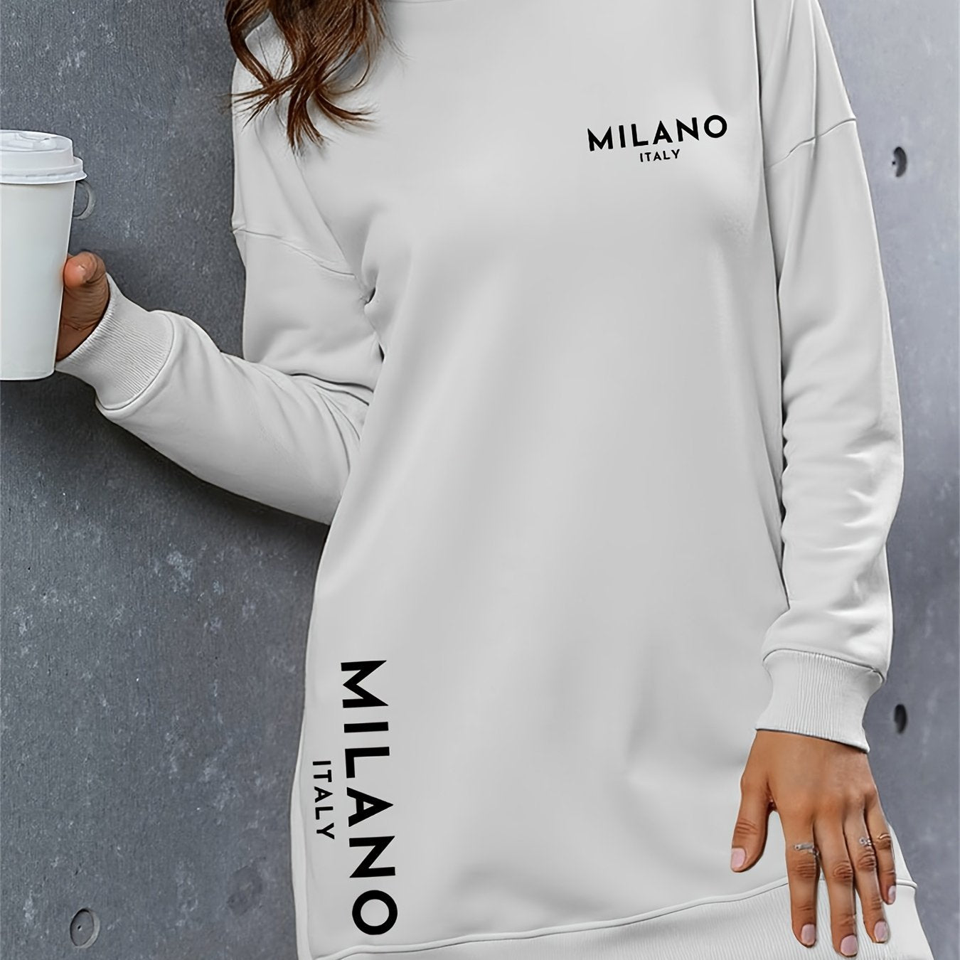 Milano Women'S Casual Hooded Sweatshirt Dress - Long Sleeve, Loose Fit, Thickened Letter Print Pullover with Round Neck, Perfect for Fall/Winter Fashion, Casual Wear Dress | Trendy Casual Style | Comfortable Wear