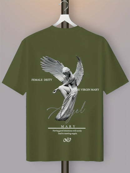 Men'S Casual Street Style Angel Graphic T-Shirt - "Female Devity" Print, Loose Fit, Polyester Blend, Summer Essential, Textured Look, Black with White Design, Short Sleeve, Round Neck, Perfect for Casual Attire, Everyday Tshi
