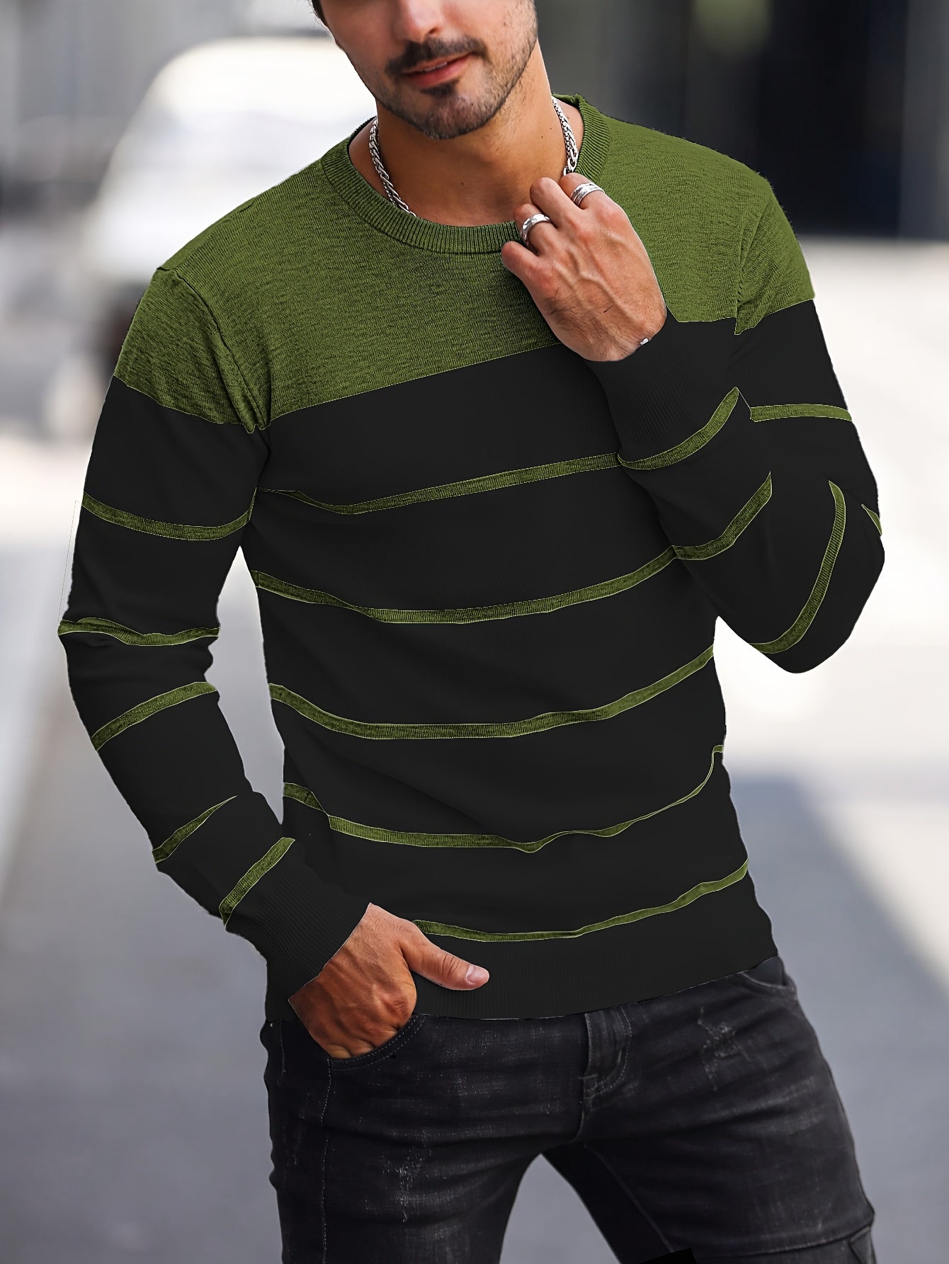 Men's Casual Striped Knit Pullover Sweater - Navy & White Contrast, Regular Fit H-Silhouette, Long Sleeve Crew Neck, Medium Stretch, Machine Washable for Spring & Fall, Mediumstretch Fabric