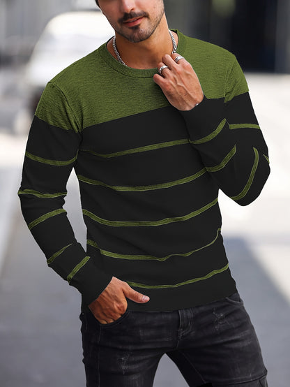 Men's Casual Striped Knit Pullover Sweater - Navy & White Contrast, Regular Fit H-Silhouette, Long Sleeve Crew Neck, Medium Stretch, Machine Washable for Spring & Fall, Mediumstretch Fabric