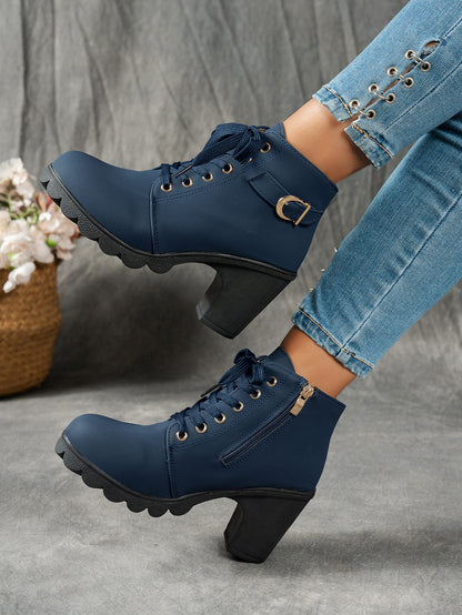 MagiMoBo Women'S Mid-Heel Ankle Boots with Side Zipper - Comfortable Faux Cover, Decorative Buckle Design, All-Season Versatile Casual Shoes for Casual Attire, Chunky Heel, Versatile Ankle Boots | Decorative Buckle Boots | Sy