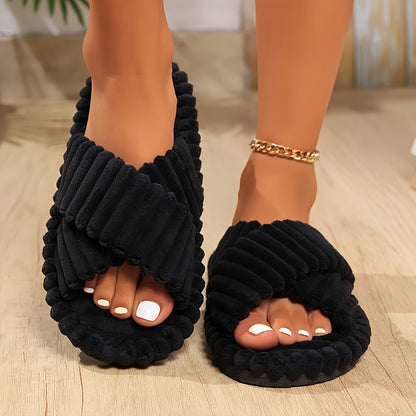 Women'S Cozy Open-Toe Fuzzy Slippers - Soft Plush Fabric, EVA Sole, Solid Color, Comfortable Indoor Quiet Shoes for All Seasons, House Slipper