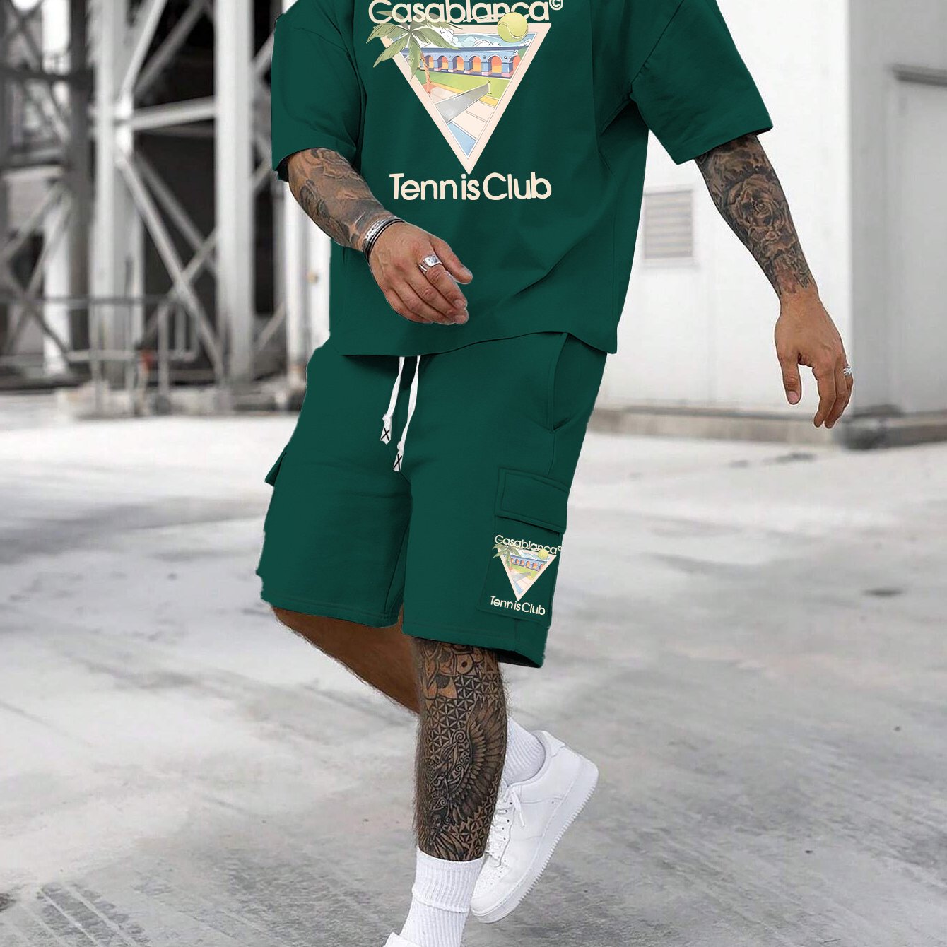 New Loose Fit Breathable Men's Crew Neck Short Sleeve T-Shirt and Workwear Style Multi-Pocket Shorts Set, Summer Casual Sportswear Two-Piece Outfit, Stylish Versatile Top and Pants for Both Men and Women
