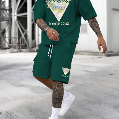 New Loose Fit Breathable Men's Crew Neck Short Sleeve T-Shirt and Workwear Style Multi-Pocket Shorts Set, Summer Casual Sportswear Two-Piece Outfit, Stylish Versatile Top and Pants for Both Men and Women