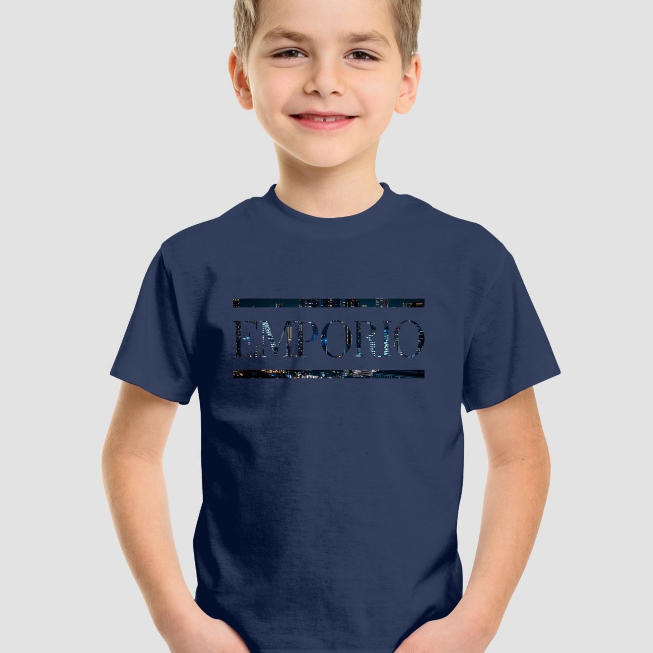 Boys' Casual Short Sleeve T-Shirt with Elegant "EMPORIO" Letter Print - Soft Breathable Round Neck Tee, Medium Stretch, Regular Fit for Summer Daily Wear & Weekend Outings, Boy T Shirt, Everyday Kids Clothing, Classic Round N