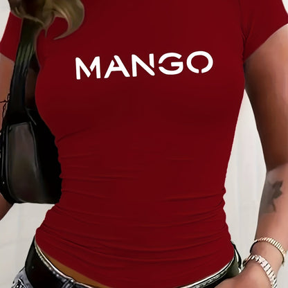 Women's Y2K Style Slim-Fit Cropped Short Sleeve T-Shirt - White with Bold Black 'MANGO' Graphic Print, Semi-Sheer Round Neck Top, Medium Stretch Machine Washable for Spring/Summer Casual Wear