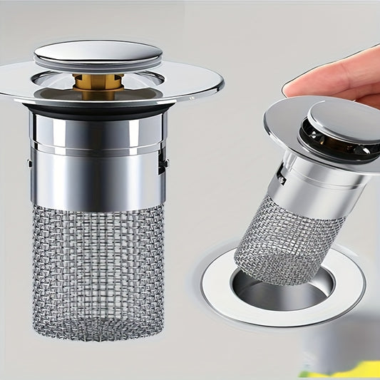 1pc retractable sink drain plug, bathroom hair filter strainer, 304 stainless steel mesh + chrome-plated plastic, suitable for 3.4-3.99 cm water outlet diameter, made of plastic and 304 stainless steel, one piece, mixed color