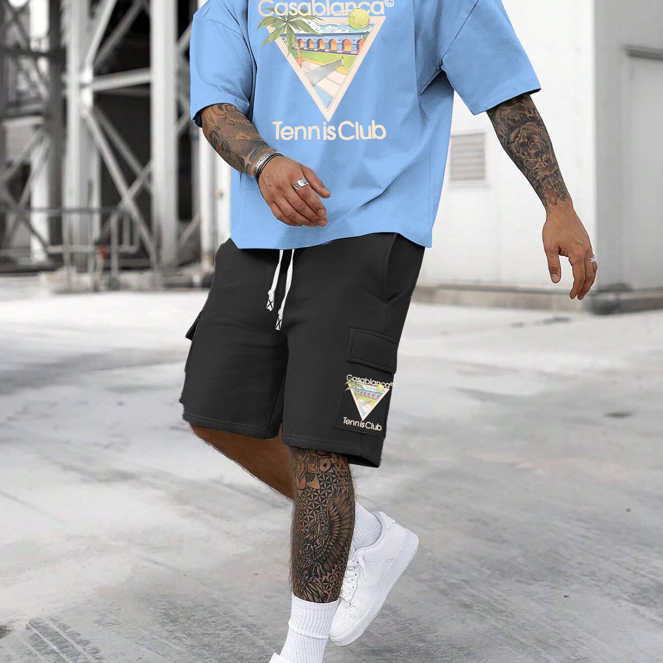 New Loose Fit Breathable Men's Crew Neck Short Sleeve T-Shirt and Workwear Style Multi-Pocket Shorts Set, Summer Casual Sportswear Two-Piece Outfit, Stylish Versatile Top and Pants for Both Men and Women
