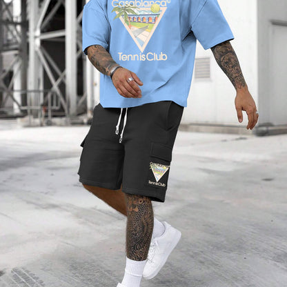 New Loose Fit Breathable Men's Crew Neck Short Sleeve T-Shirt and Workwear Style Multi-Pocket Shorts Set, Summer Casual Sportswear Two-Piece Outfit, Stylish Versatile Top and Pants for Both Men and Women
