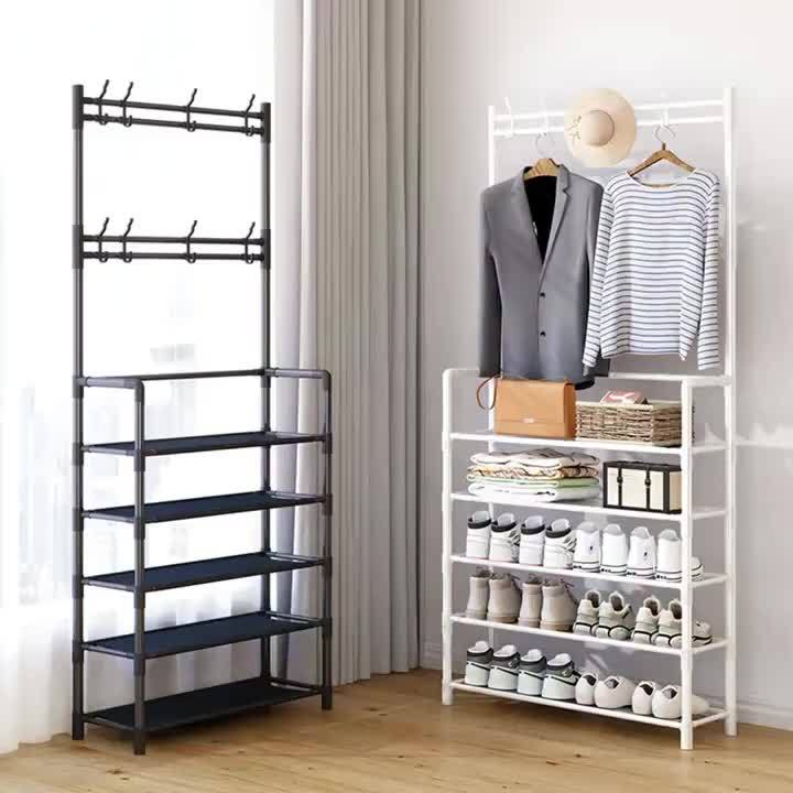 1pc Multi-Functional Entryway Organizer - Heavy-Duty Shoe Rack & Coat Hanger with Hooks, Space-Saving Hallway Storage Cabinet, Easy Assembly No Tools Needed, Sturdy Metal/Plastic Construction for Living Room, Bedroom, Office