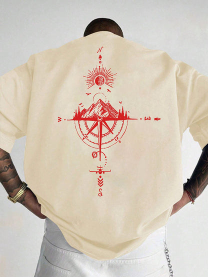 Men's Short Sleeve T-Shirt 100% Polyester Loose Fit Casual Round Neck Navy Blue with Golden Compass Rose Mountain Print - Summer Outdoor Adventure Graphic Tee, Modern Casual Top | Easy Care Clothing