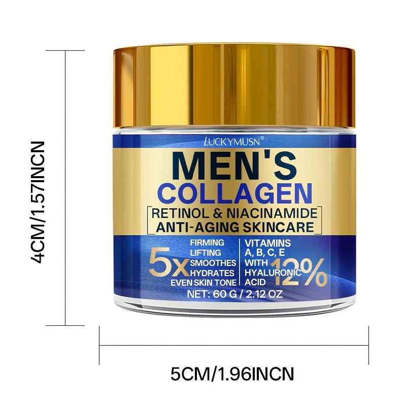 60g LUCKY MUSN Men's Retinol Collagen Moisturizing Cream with Hyaluronic Acid, Caffeine, Vitamin C & E - Firming & Lifting Skincare, 5X Smoothing, 5.5X Firming, 12% Brightening, Easy-Absorb Non-Greasy Formula for All Light Be