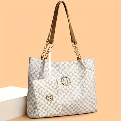 2pcs Women's Vintage Shoulder Bag Set, Large Capacity Tote Bag with Fixed Shoulder Strap, Synthetic, Zipper Closure, Polyester Lining, Lightweight, Random Print Design, Perfect for Daily Commuting and Carrying Cell Phones,