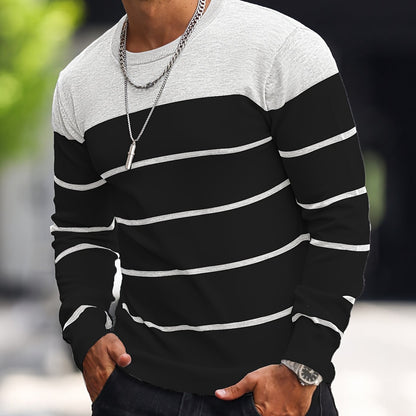 Men's Casual Striped Knit Pullover Sweater - Navy & White Contrast, Regular Fit H-Silhouette, Long Sleeve Crew Neck, Medium Stretch, Machine Washable for Spring & Fall, Mediumstretch Fabric