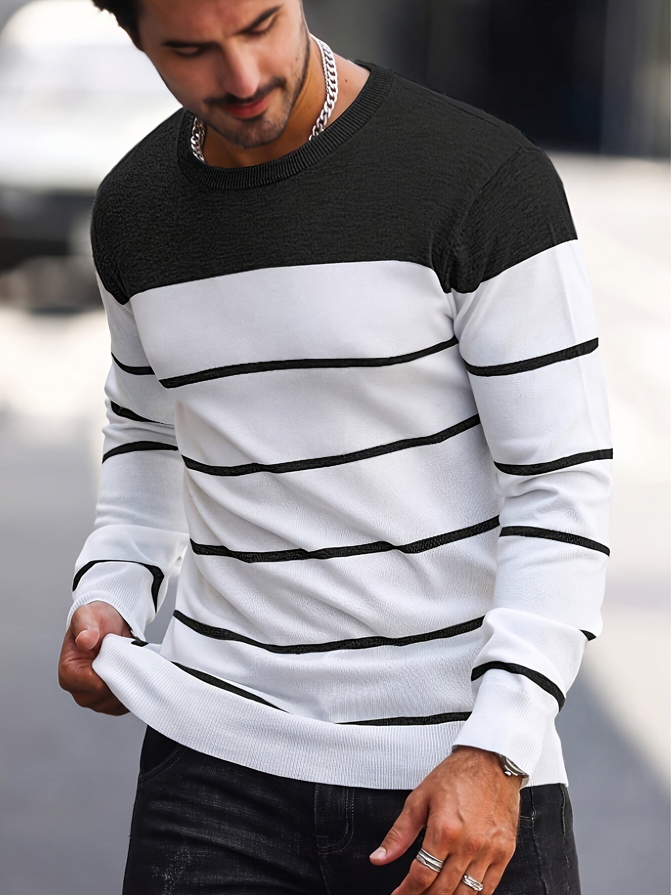 Men's Casual Striped Knit Pullover Sweater - Navy & White Contrast, Regular Fit H-Silhouette, Long Sleeve Crew Neck, Medium Stretch, Machine Washable for Spring & Fall, Mediumstretch Fabric