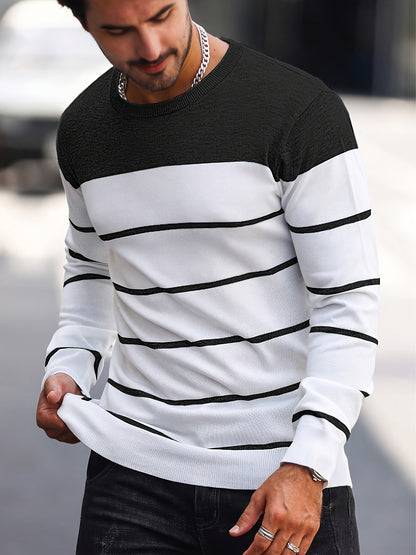 Men's Casual Striped Knit Pullover Sweater - Navy & White Contrast, Regular Fit H-Silhouette, Long Sleeve Crew Neck, Medium Stretch, Machine Washable for Spring & Fall, Mediumstretch Fabric
