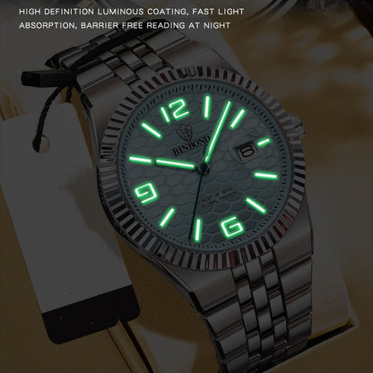 BINBOND Men's Sporty Elegant Quartz Watch with Date Display, Luminous Hands & Two-Tone Golden & Black Stainless Steel Band - High Quality Business Casual Watch for Everyday & Formal Wear, Versatile Wristwatch, Sophisticated D