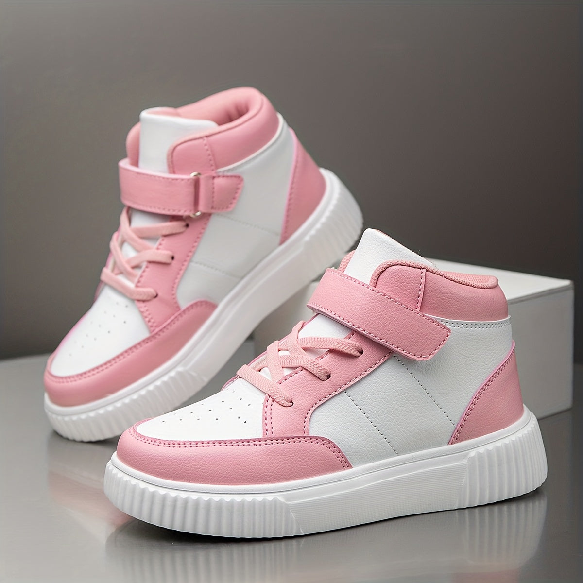 Girls' & Boys' White & Pink Checkerboard Mid-Top Sneakers - Lightweight PU Upper with EVA Sole, All-Season Comfort for School, Outdoor & Casual Wear - Easy Slip-On Design for Ages 14 & Under
