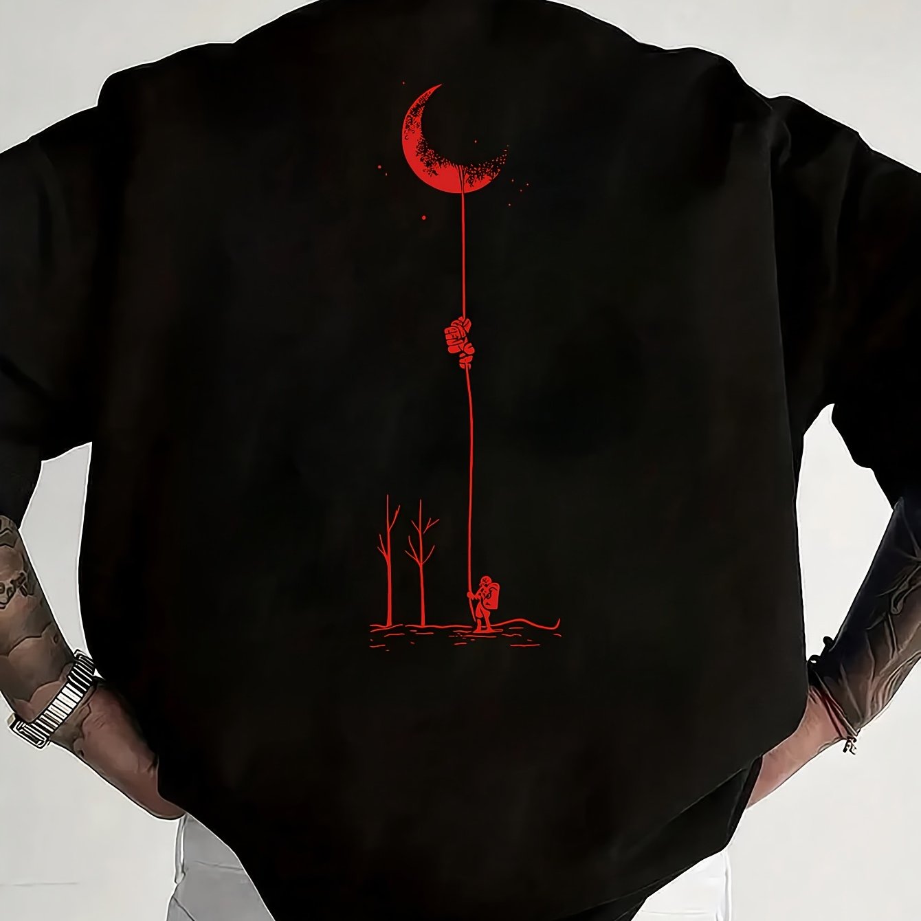 Men's Graphic Print Short Sleeve T-Shirt - Black Relaxed Fit Casual Round Neck, Durable Polyester Fabric, Machine Washable Summer Outdoor Top, Moon And Trees Design | Lightweight Clothing