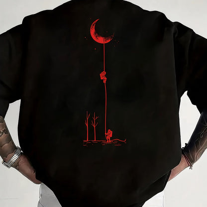 Men's Graphic Print Short Sleeve T-Shirt - Black Relaxed Fit Casual Round Neck, Durable Polyester Fabric, Machine Washable Summer Outdoor Top, Moon And Trees Design | Lightweight Clothing