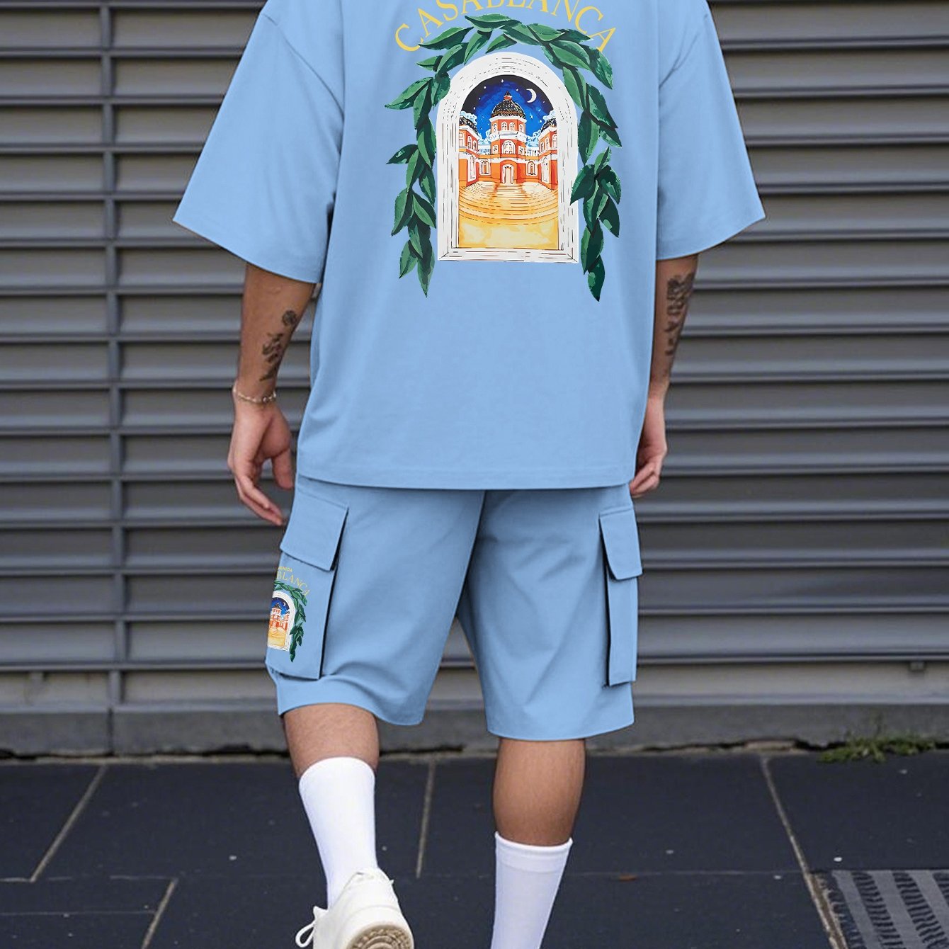 New Loose-Fitting Breathable Men'S Round Neck Short-Sleeved T-Shirt And Workwear Style Multi-Pocket Shorts Set Summer Leisure Sports Two-Piece Suit, Fashionable Sports Casual Versatile Tops And Pants for Men And Women