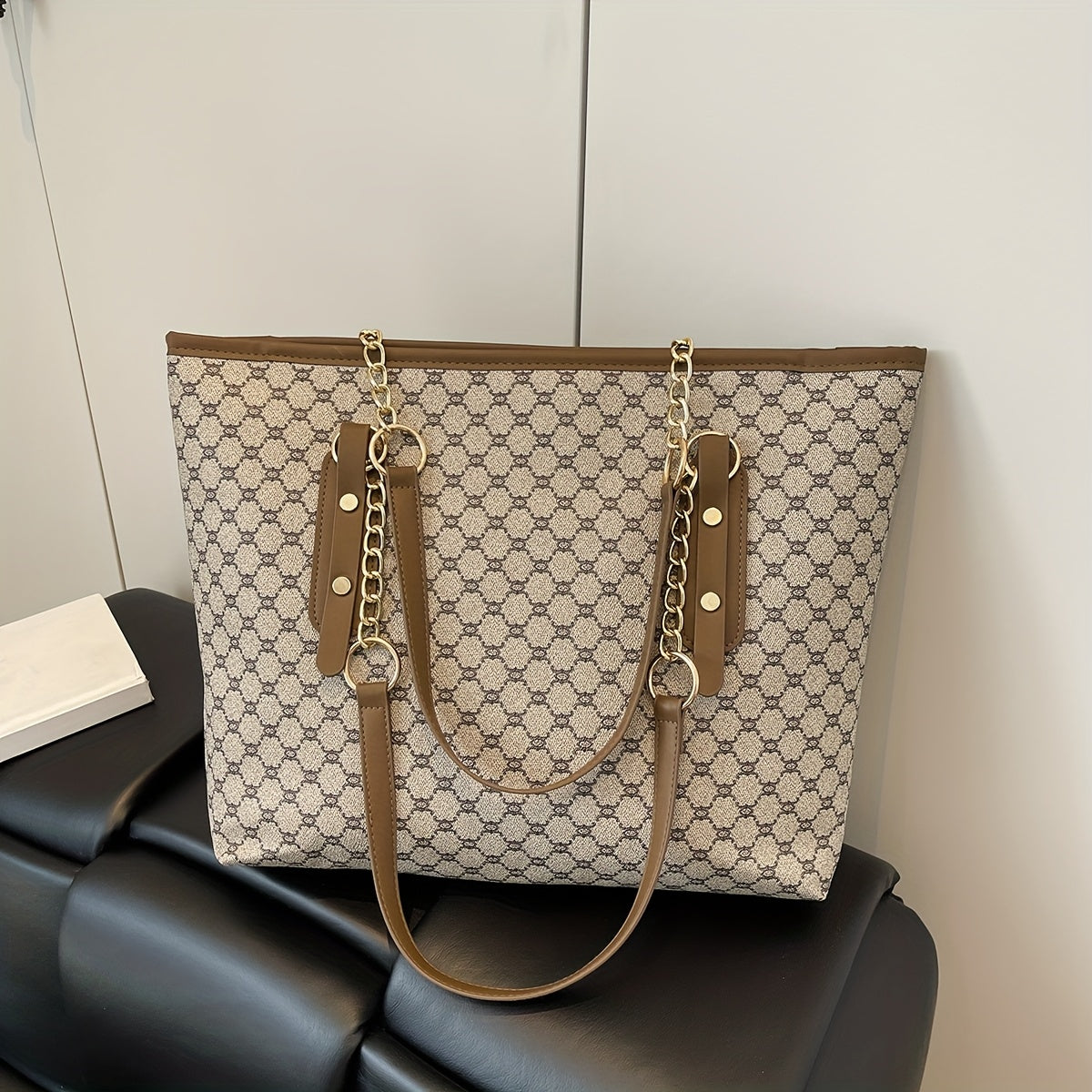 Rubyn Women's Large Capacity Tote Bag - Beige/ & Brown Greek Key Logo Handbag, Versatile Shoulder Purse for Women,, Travel, Everyday Use, Everyday Bag For Women, Casual Bag For Women, Casual Style Tote Bag, Medium Size Tote B