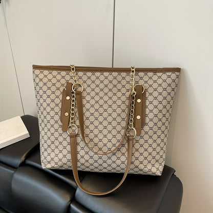 Rubyn Women's Large Capacity Tote Bag - Beige/ & Brown Greek Key Logo Handbag, Versatile Shoulder Purse for Women,, Travel, Everyday Use, Everyday Bag For Women, Casual Bag For Women, Casual Style Tote Bag, Medium Size Tote B