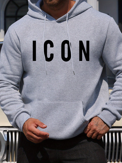 Men'S Casual Hoodie with Iconic Print - Stylish Pullover with Kangaroo Pocket, Stretch Fabric, Machine Washable - Perfect for Spring & Fall, Polyester Blend, Casual Wear Hoodie|Hooded Sweatshirt|Stretch Fabric Hoodie
