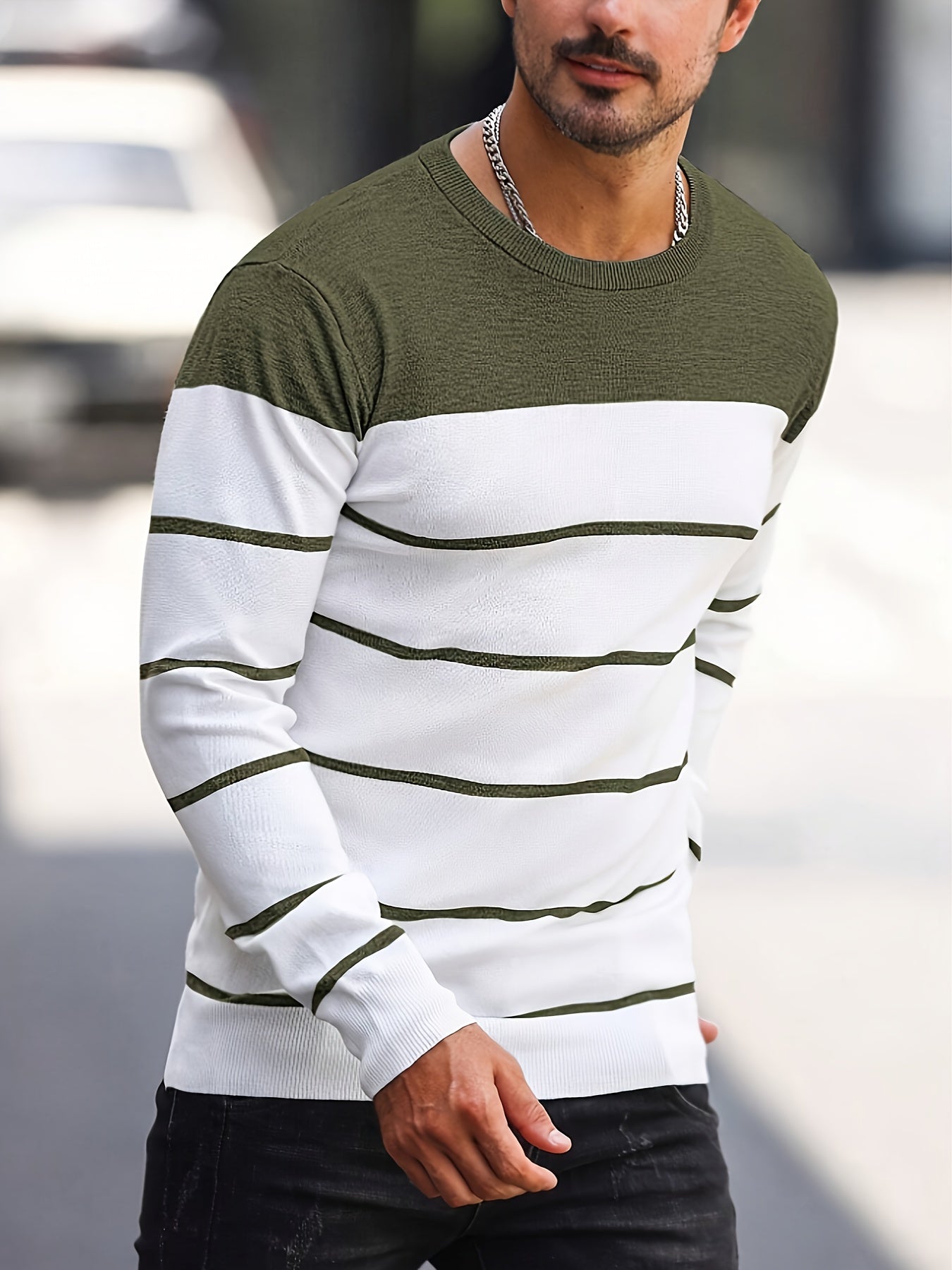 Men's Casual Striped Knit Pullover Sweater - Navy & White Contrast, Regular Fit H-Silhouette, Long Sleeve Crew Neck, Medium Stretch, Machine Washable for Spring & Fall, Mediumstretch Fabric
