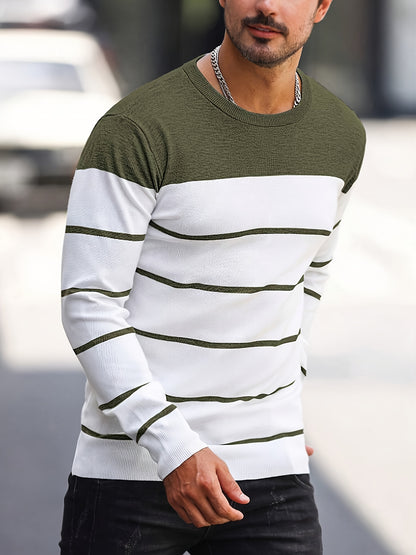 Men's Casual Striped Knit Pullover Sweater - Navy & White Contrast, Regular Fit H-Silhouette, Long Sleeve Crew Neck, Medium Stretch, Machine Washable for Spring & Fall, Mediumstretch Fabric