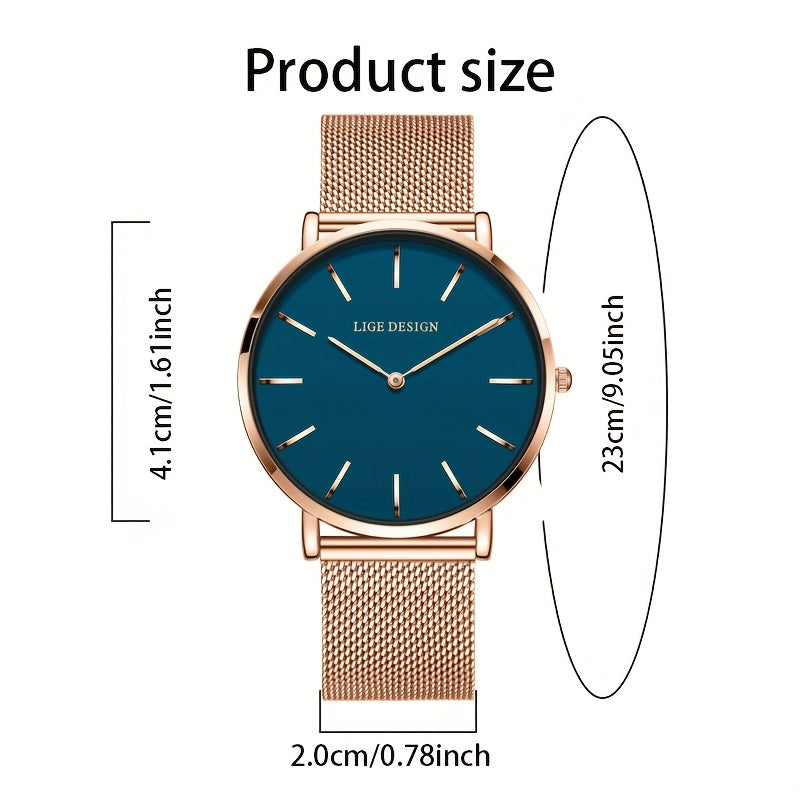 LIGE Women'S Ultra-Thin Quartz Watch with Rose Golden Mesh Strap - Elegant Blue Dial, Minimalist Design, Perfect Gift for Mother'S Day, Christmas, Thanksgiving, Christmas Accessory | Minimalist Watch | Quartz Movement