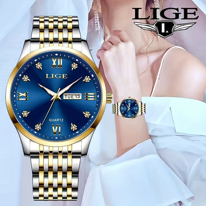LIGE Women's Elegant Luxury Watch - Blue Dial with Roman Numerals, Quartz Movement, Battery-Powered Watch for Everyday, Formal, Travel - Perfect Gift for Valentine's, Birthdays, Anniversaries - Compatible with Formal & Casual