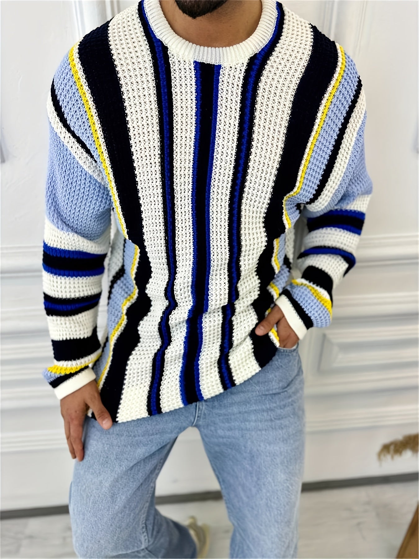 Men's Casual Striped Knit Sweater - Black & Yellow Contrast Long Sleeve Pullover with Round Neck, Regular Fit for Office Commute & Streetwear | Autumn Winter Fashion, Knit Sweater, Winter Wardrobe, Trendy Knitwear, Durable Fa