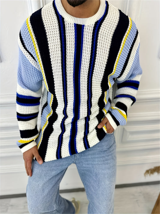 Men's Casual Striped Knit Sweater - Black & Yellow Contrast Long Sleeve Pullover with Round Neck, Regular Fit for Office Commute & Streetwear | Autumn Winter Fashion, Knit Sweater, Winter Wardrobe, Trendy Knitwear, Durable Fa