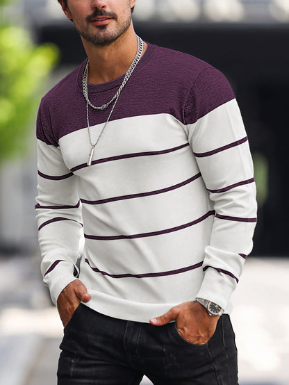 Men's Casual Striped Knit Pullover Sweater - Navy & White Contrast, Regular Fit H-Silhouette, Long Sleeve Crew Neck, Medium Stretch, Machine Washable for Spring & Fall, Mediumstretch Fabric
