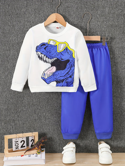 2pcs boys' casual sweatshirt and pants set with cool dinosaur print, perfect for autumn and winter seasons. Ideal as a gift or for leisure, sports, and vacation activities. Suitable for outdoor wear, Perfect for Outdoor