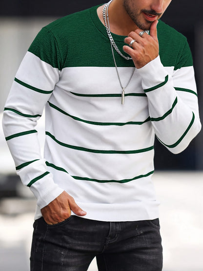 Men's Casual Striped Knit Pullover Sweater - Navy & White Contrast, Regular Fit H-Silhouette, Long Sleeve Crew Neck, Medium Stretch, Machine Washable for Spring & Fall, Mediumstretch Fabric